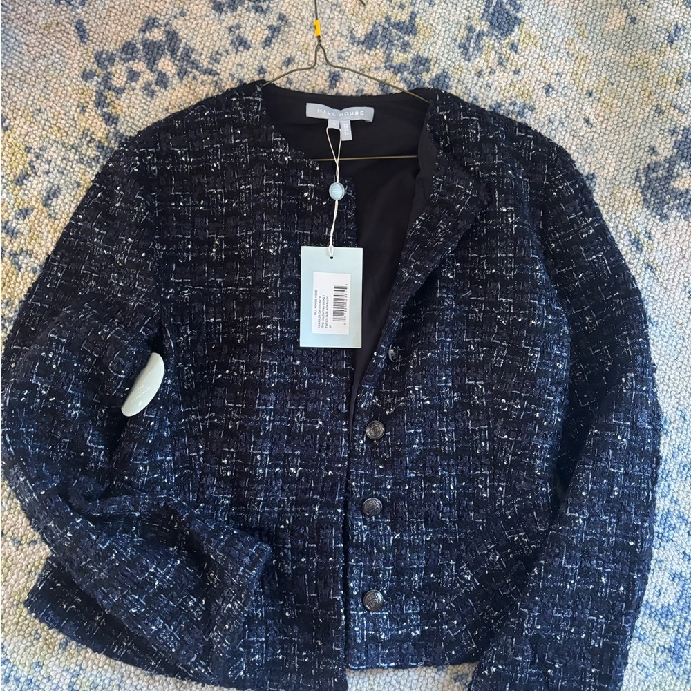 Hill House Valentina Navy Tweed Collarless Blazer